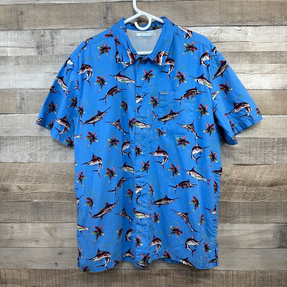 Columbia PFG Mens Marlin Palm Tree Blue Vented Fishing Shirt Large FM7011